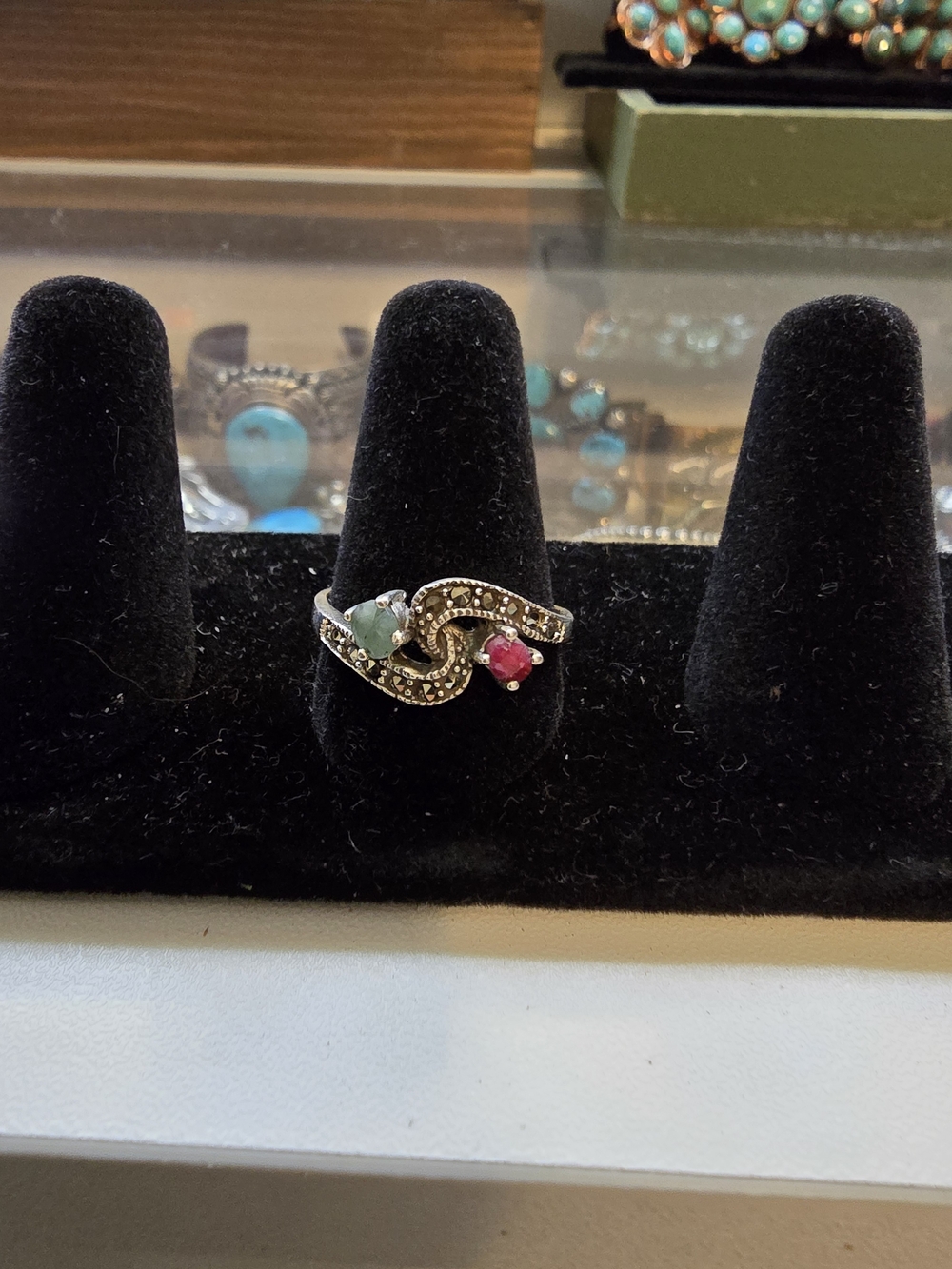 Sterling Silver Marcasite Ring with Green and Pink Stones Sz 9.5